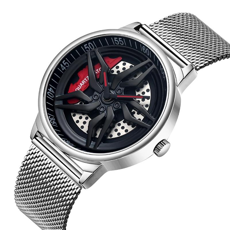 Men 360 Degree Hollow Dial Mesh Strap Quartz Watch - Spinning Design - Silver