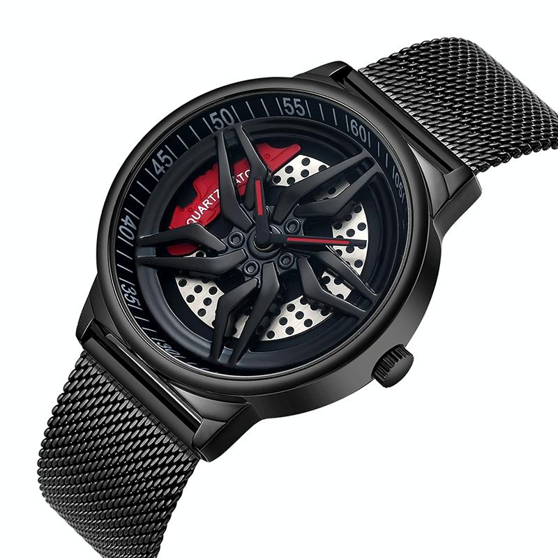 Men 360 Degree Hollow Dial Mesh Strap Quartz Watch - Spinning Design - Black