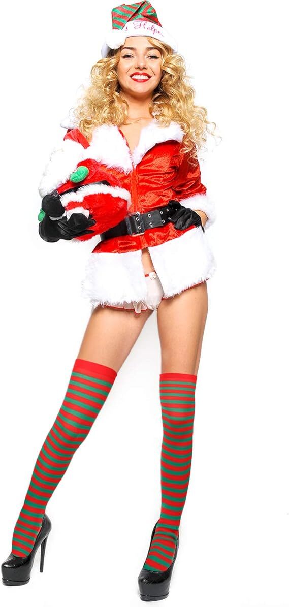 10x Christmas Over The Knee Socks Red Green Xmas Candy Cane Striped Elf Bulk