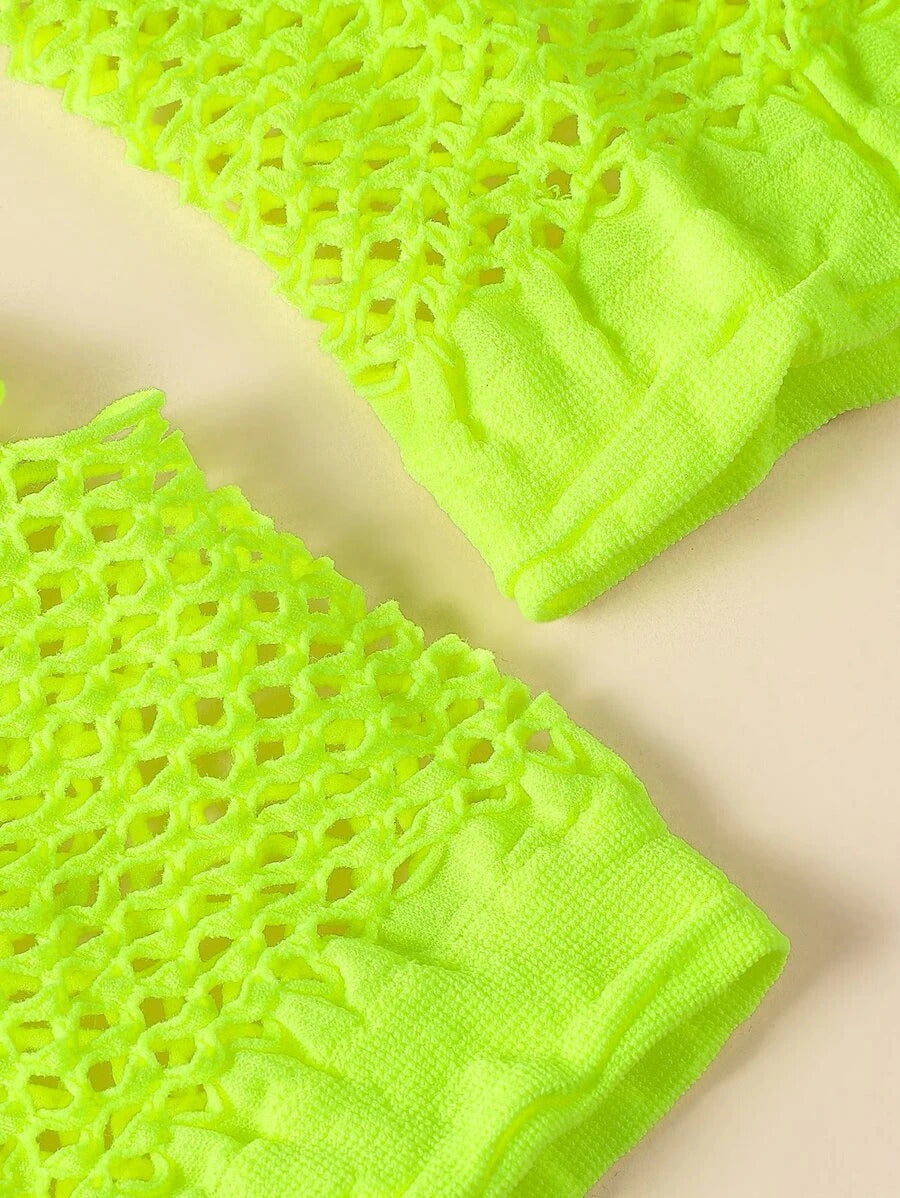 12 Pair Fishnet Gloves Fingerless Wrist Length 70s 80s Costume Party - Fluro Yellow