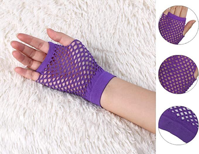 12 Pair Fishnet Gloves Fingerless Wrist Length 70s 80s Costume Party - Purple