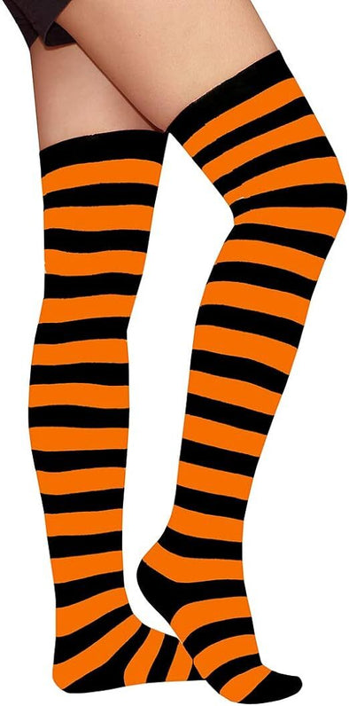 OVER THE KNEE SOCKS Plain Striped High Thigh Ladies Long Womens Stripey Stocking - Orange/Black