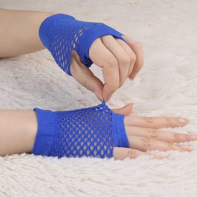 1 Pair Fishnet Gloves Fingerless Wrist Length 70s 80s Costume Party Dance - Blue