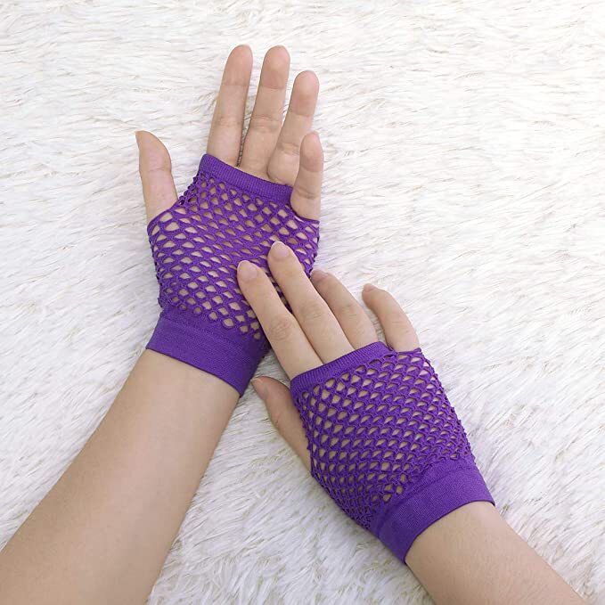 1 Pair Fishnet Gloves Fingerless Wrist Length 70s 80s Costume Party - Purple