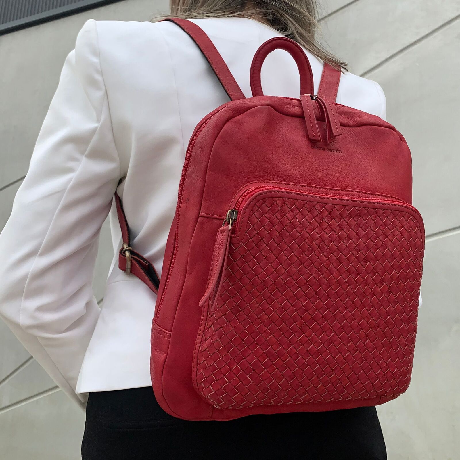 Pierre Cardin Womens Woven Soft Leather Backpack Bag Travel Designer - Red