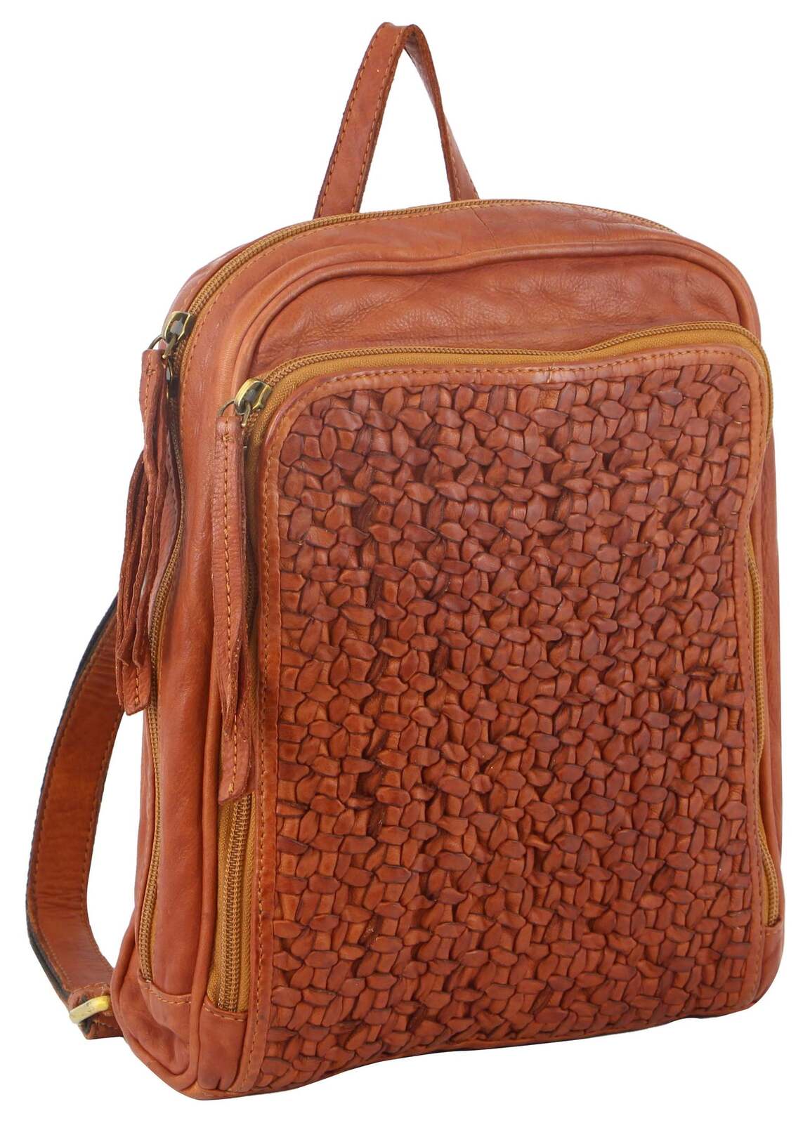 Pierre Cardin Woven Leather Ladies Backpack Bag Travel Satchel Zip - Cognac