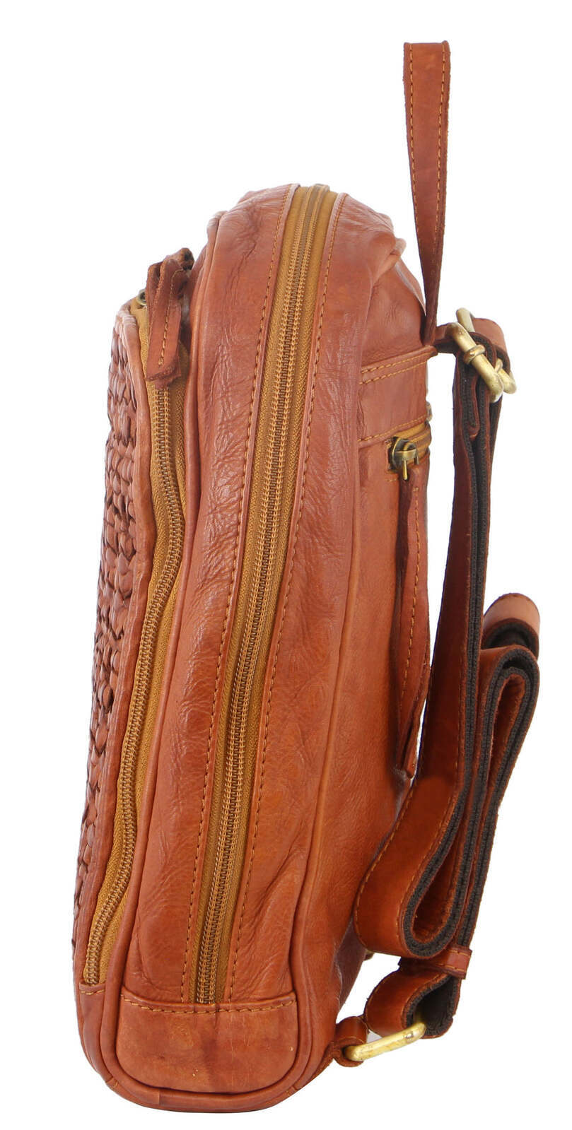 Pierre Cardin Woven Leather Ladies Backpack Bag Travel Satchel Zip - Cognac