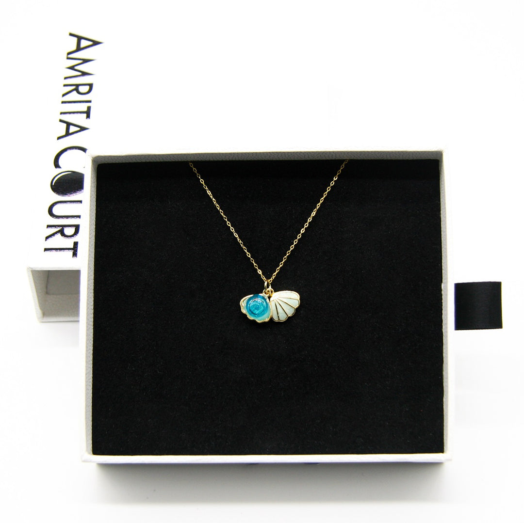 Gift Box - Aroma Necklace 925 Silver, Gold coated - Green Shell Ocean Breeze (Light blue) + Purify Oil Blend