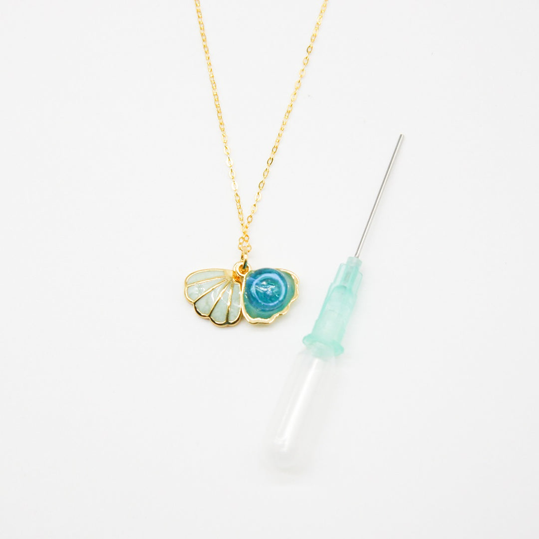 Gift Box - Aroma Necklace 925 Silver, Gold coated - Green Shell Ocean Breeze (Light blue) + Purify Oil Blend