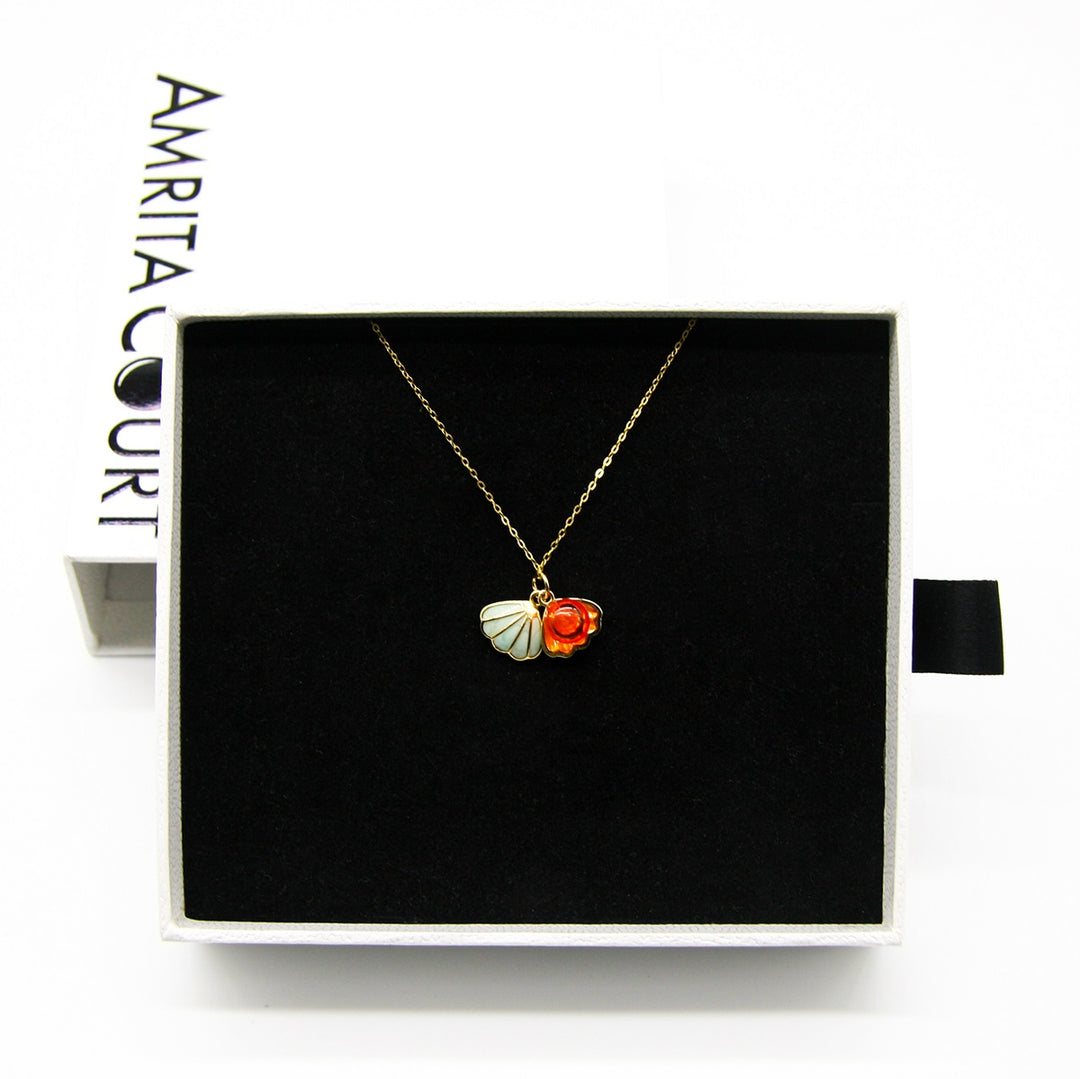 Gift Box - Aroma Necklace 925 Silver, Gold coated - Green Shell Sunset Coral (Bright Red Orange) + Purify Oil Blend