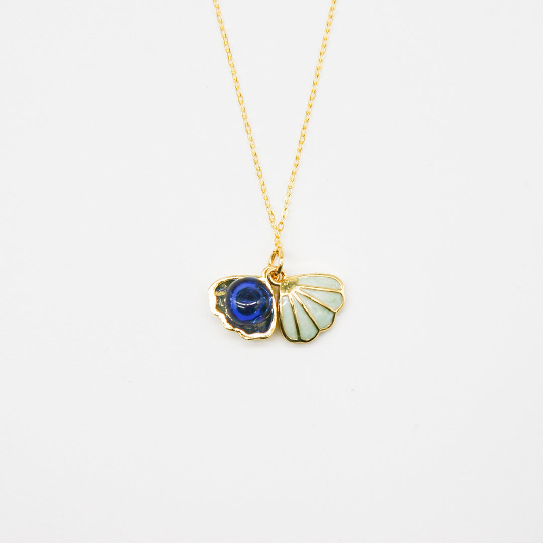 Gift Box - Aroma Necklace 925 Silver, Gold coated - Green Shell Ocean Depth (Dark Blue) + Purify Oil Blend