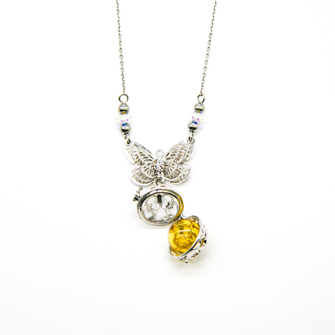 Gift Box - Butterfly White Gold Aroma Necklace + Purify Oil Blend