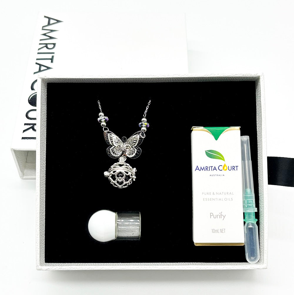 Gift Box - Butterfly White Gold Aroma Necklace + Purify Oil Blend