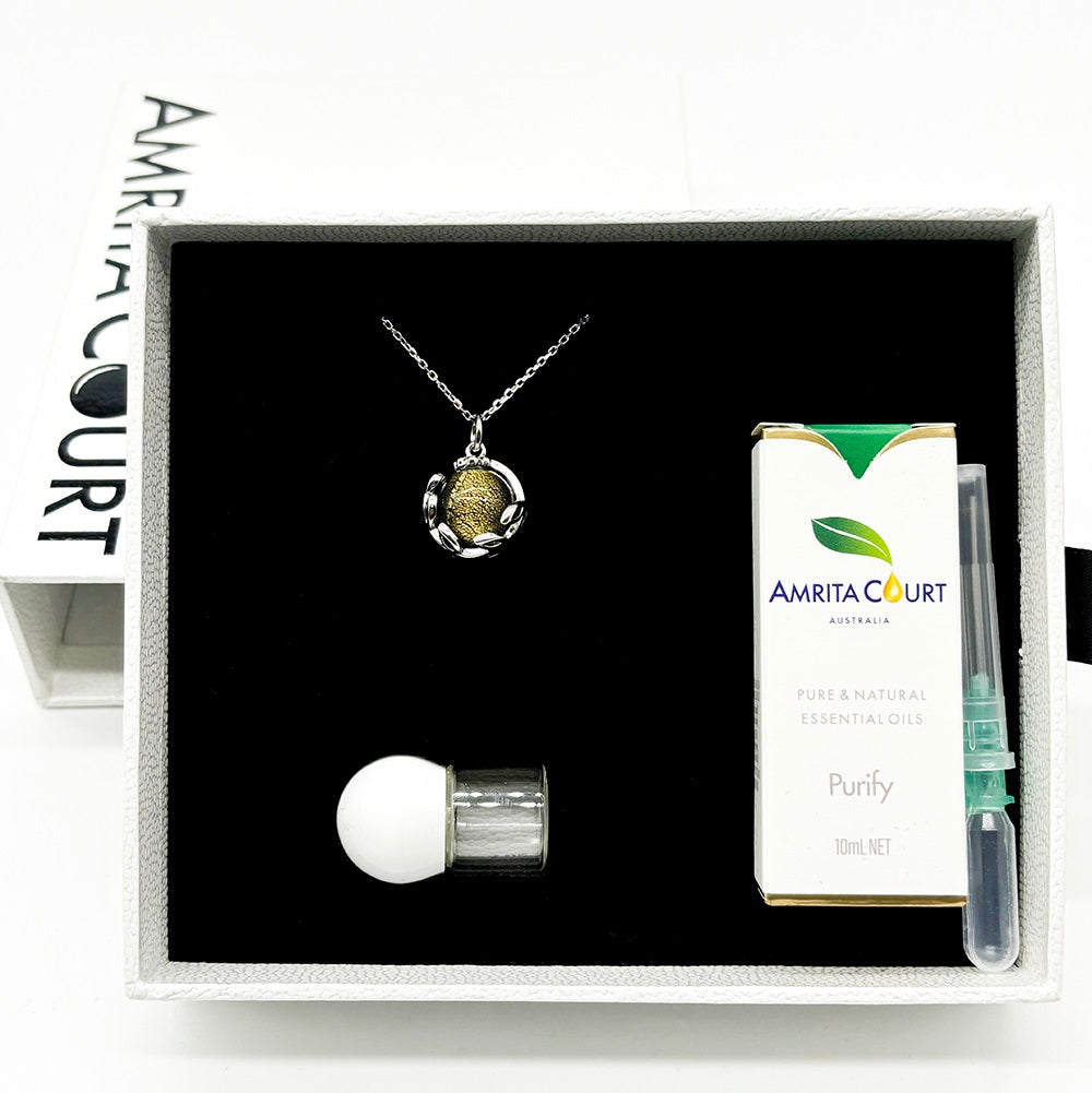 Gift Box - Aroma Necklace White Gold - Planet Stellar Midnight (Golden dark blue) + Purify Oil Blend