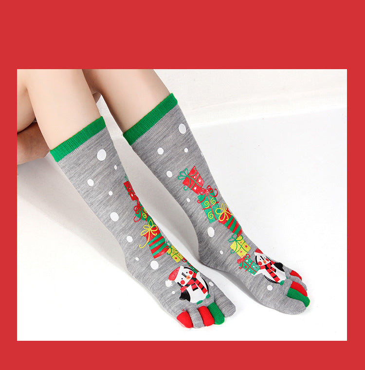 Penguin Christmas tabi socks with gift tower design, women's cartoon stockings 5 pairs