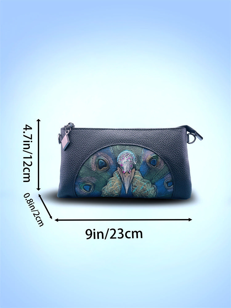 Women's Embossed Peacock Leather Wristlet Clutch - Elegant and Artistic Handbag 23*12*2cm