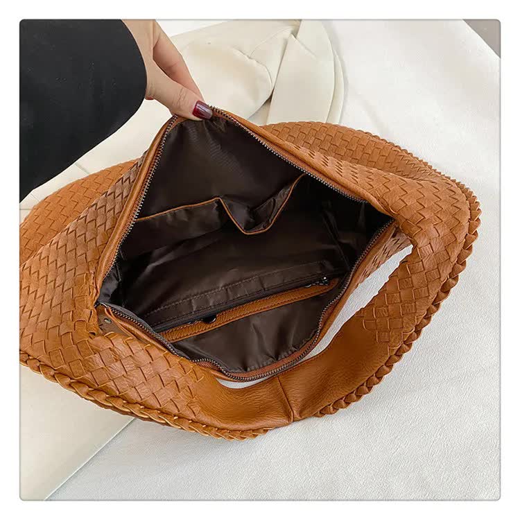 Elegant Woven Leather Hobo Bag - Soft Shoulder Tote 47*32cm (Coffee)