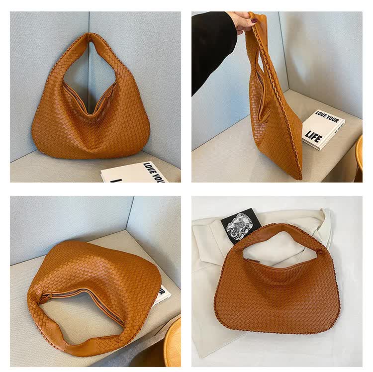 Elegant Woven Leather Hobo Bag - Soft Shoulder Tote 47*32cm (Coffee)