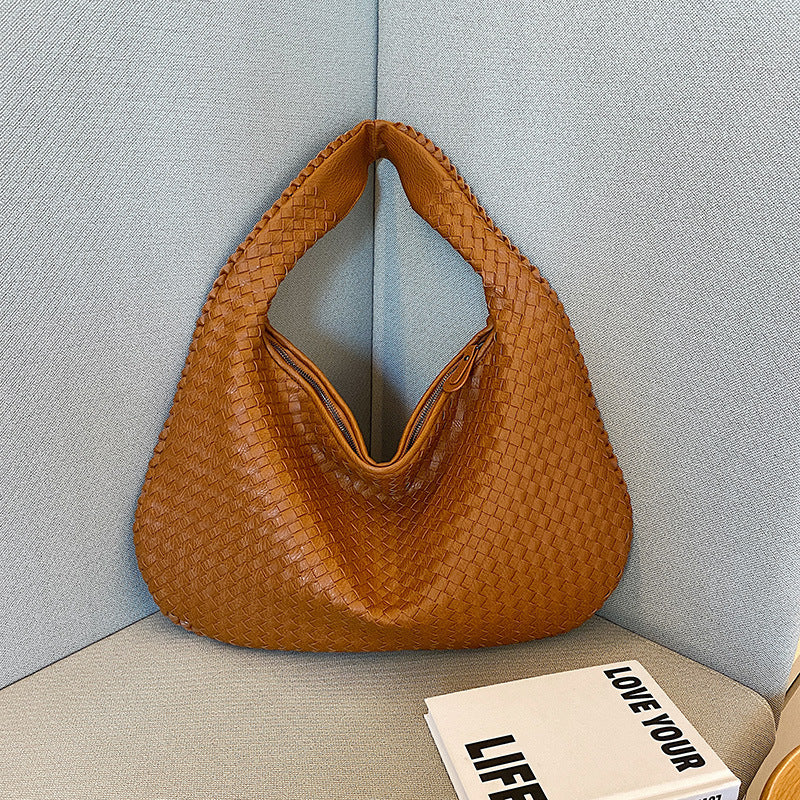 Elegant Woven Leather Hobo Bag - Soft Shoulder Tote 47*32cm (Brown)