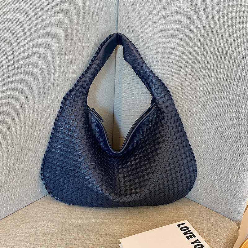 Elegant Woven Leather Hobo Bag - Soft Shoulder Tote 47*32cm (navy blue)