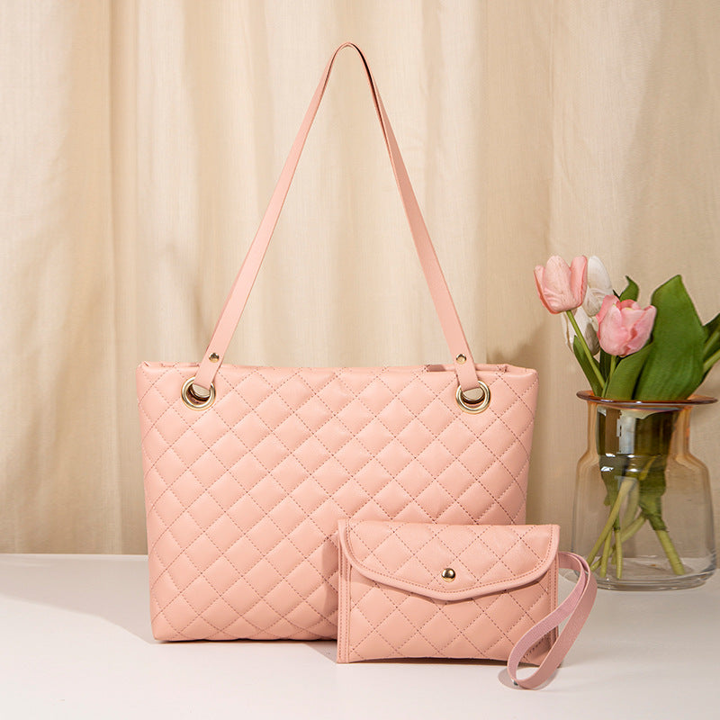 Elegant Quilted Tote Bag with Matching Clutch in Soft Pink