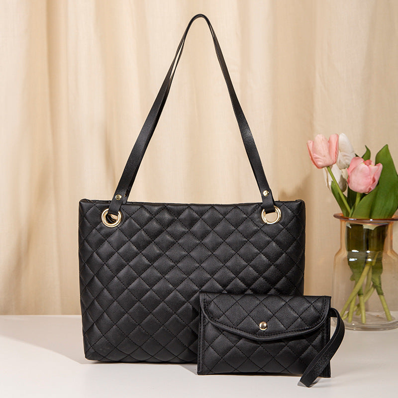 Elegant Quilted Tote Bag with Matching Clutch in Black