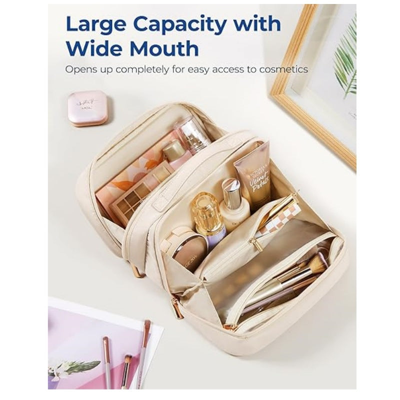 Beige Travel Makeup Organizer - Portable Cosmetic Storage Box for Toiletries and Cosmetics