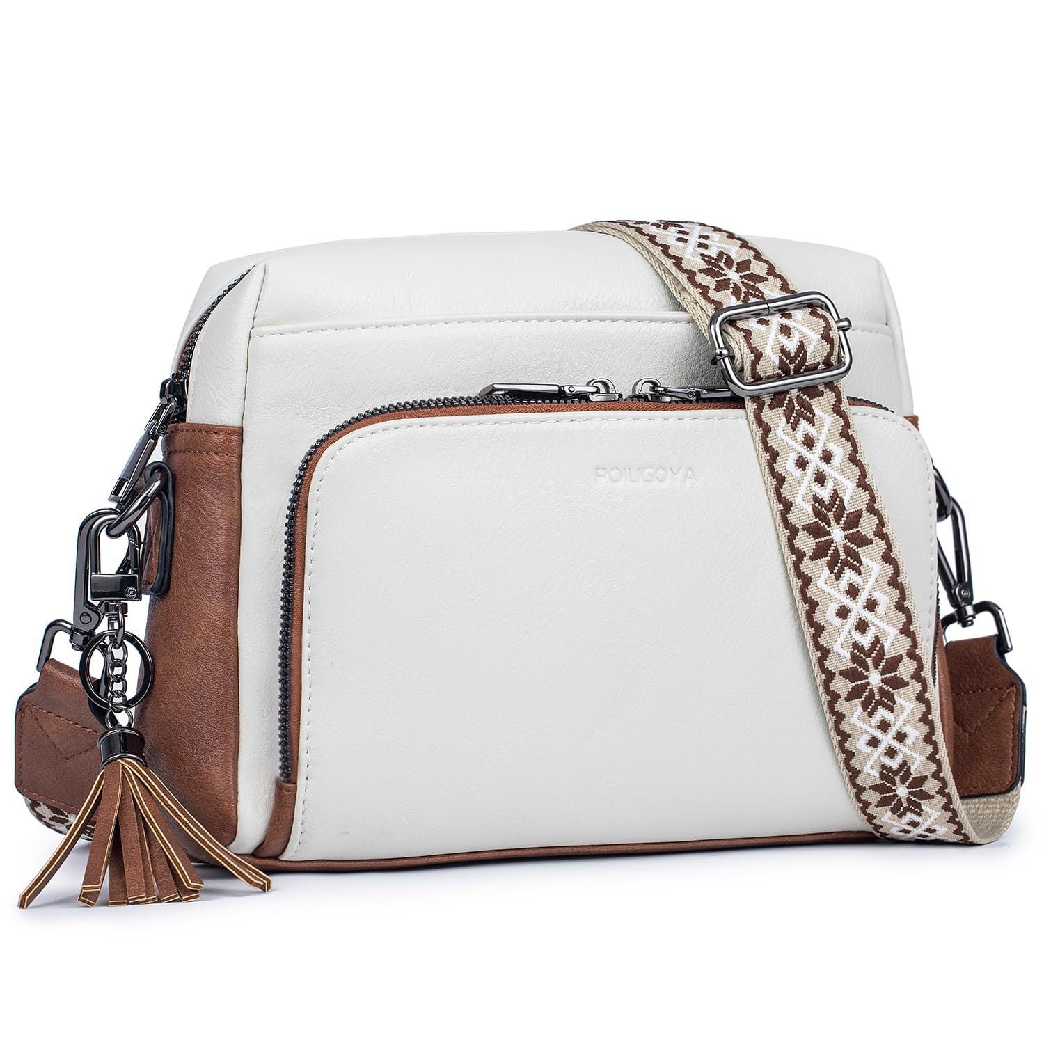 White Vintage Multi-Zip Crossbody Bag with Card Slots and Adjustable Strap, Minimalist Solid Color Shoulder Bag