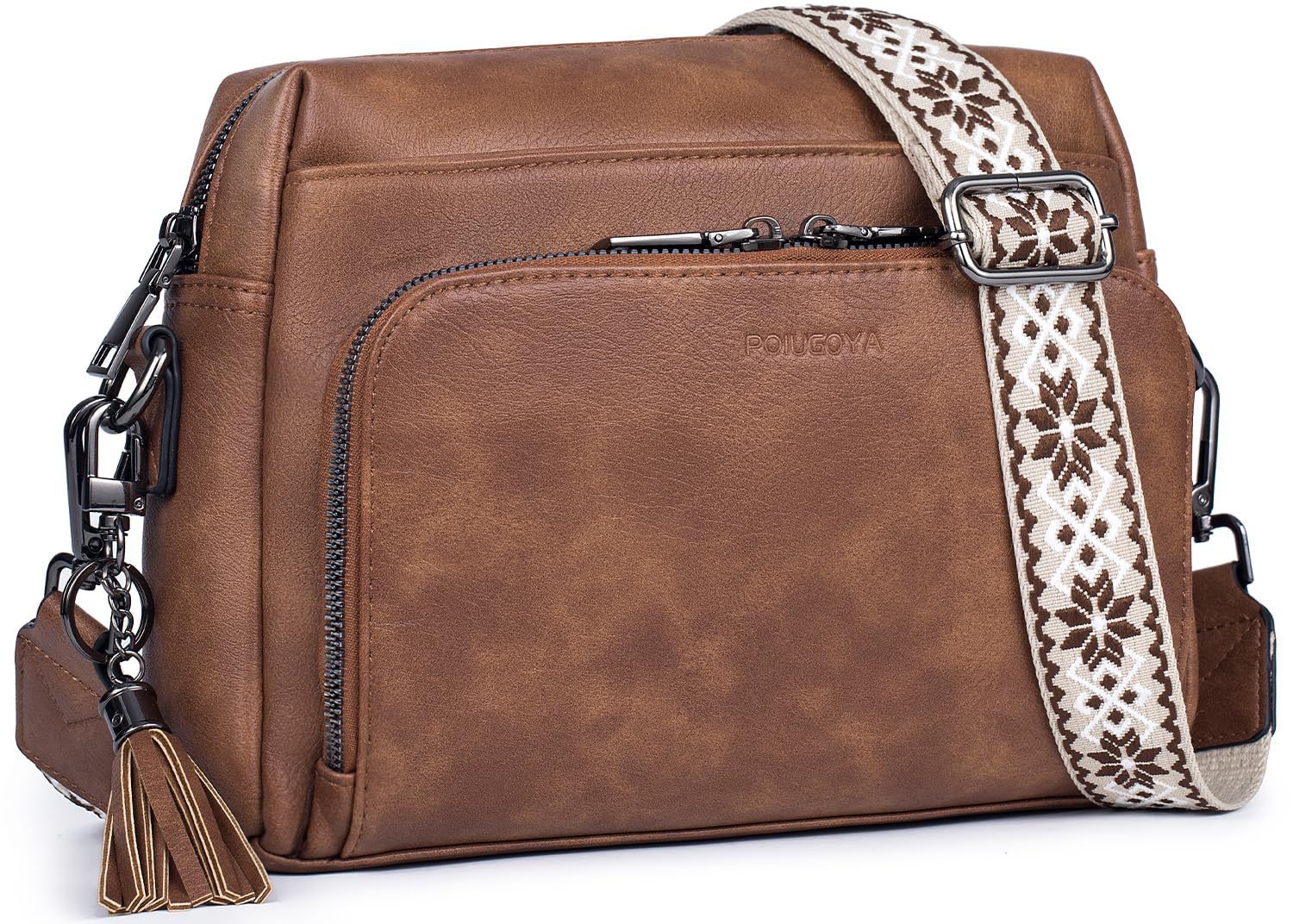 Brown Vintage Multi-Zip Crossbody Bag with Card Slots and Adjustable Strap, Minimalist Solid Color Shoulder Bag