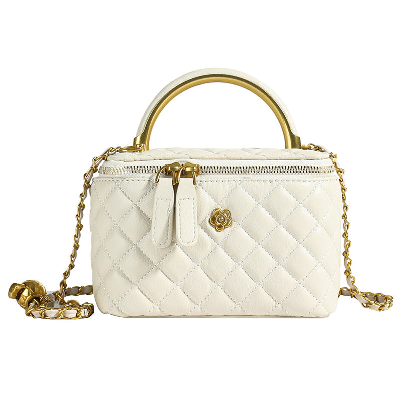 White Luxury Quilted Mini Box Handbag with Chain Strap and Metal Handle - Elegant Evening Purse