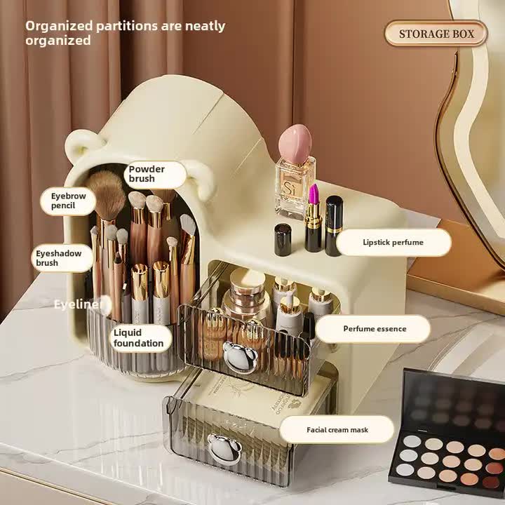 Milky white Rotating Desktop Cosmetic Organizer – High-End Dustproof Wall-Mounted Storage Box with Drawer for Vanity, Makeup and Toiletries