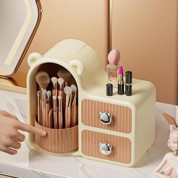 Milky white Rotating Desktop Cosmetic Organizer – High-End Dustproof Wall-Mounted Storage Box with Drawer for Vanity, Makeup and Toiletries