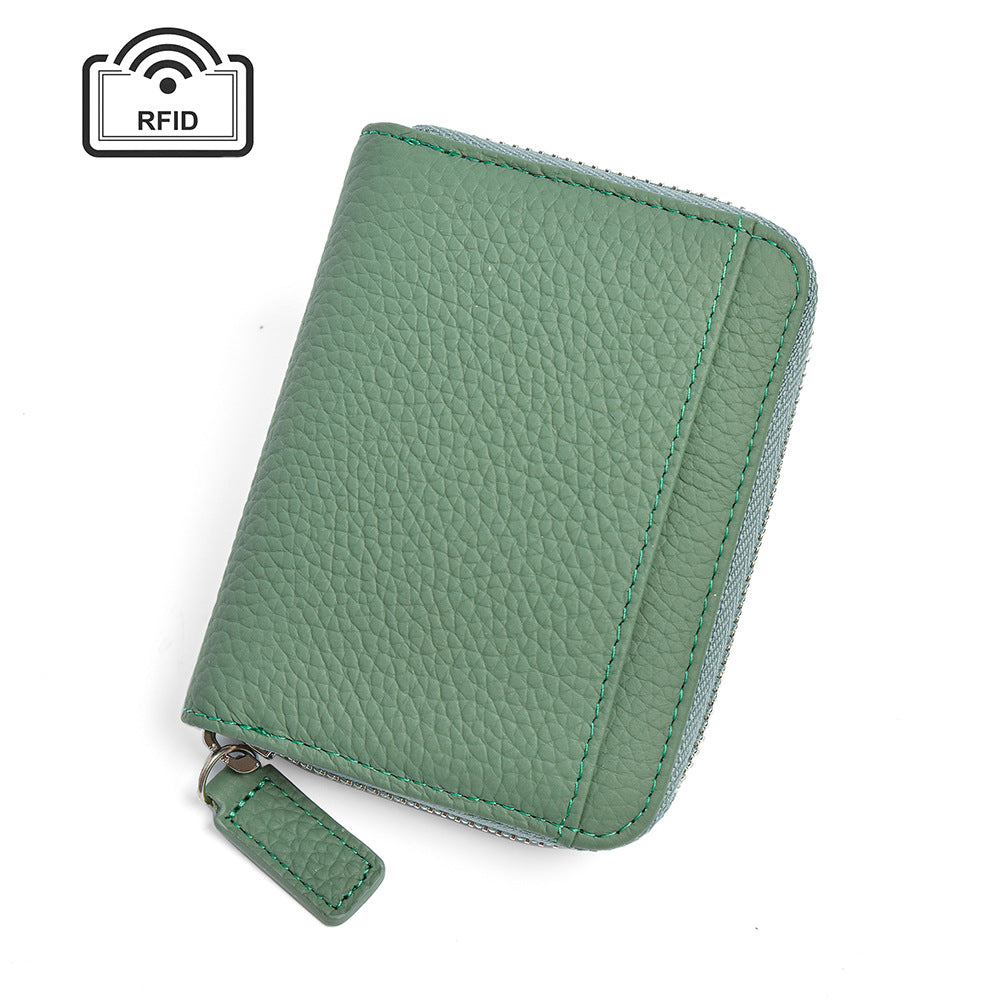 Green Genuine Leather Women’s Wallet – Short Accordion Card Holder with RFID Protection, Zippered Coin Purse in Cowhide Leather, Japanese Style