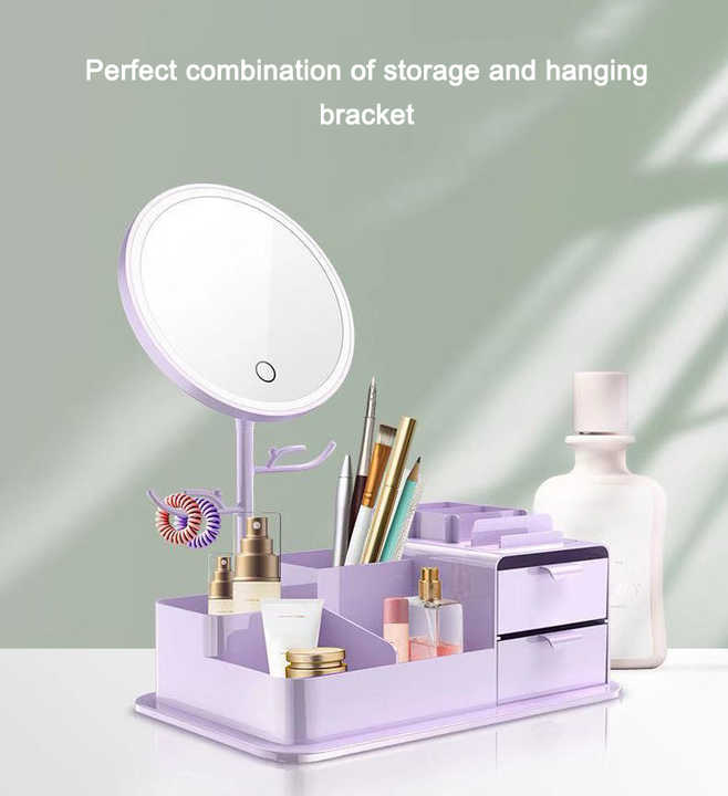 Purple LED Vanity Mirror with Storage, Rotating Makeup Mirror, USB Rechargeable Desktop Organizer