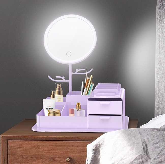 Purple LED Vanity Mirror with Storage, Rotating Makeup Mirror, USB Rechargeable Desktop Organizer