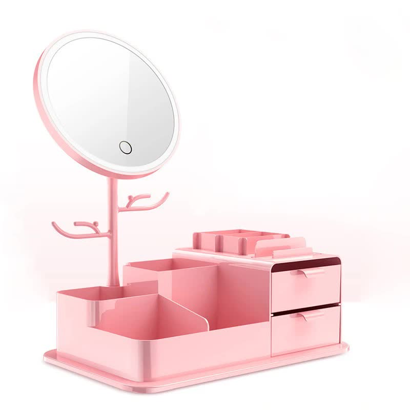 Pink LED Vanity Mirror with Storage, Rotating Makeup Mirror, USB Rechargeable Desktop Organizer