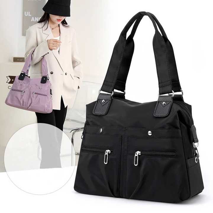 Black Stylish Nylon Large Capacity Tote Bag for Work and Commute | Multi-Pocket Shoulder Bag | Fashionable Canvas Bag