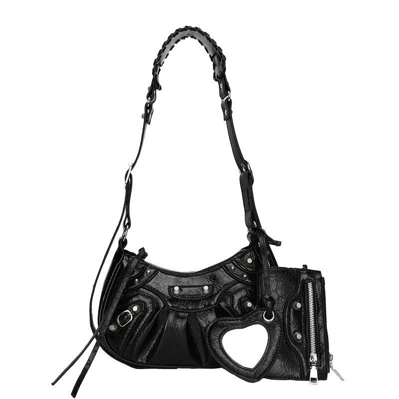 Black Vintage Rivet Crescent Moon Bag with Card Holder & Mirror, French Retro PU Leather Shoulder & Crossbody Motorcycle Bag for Women