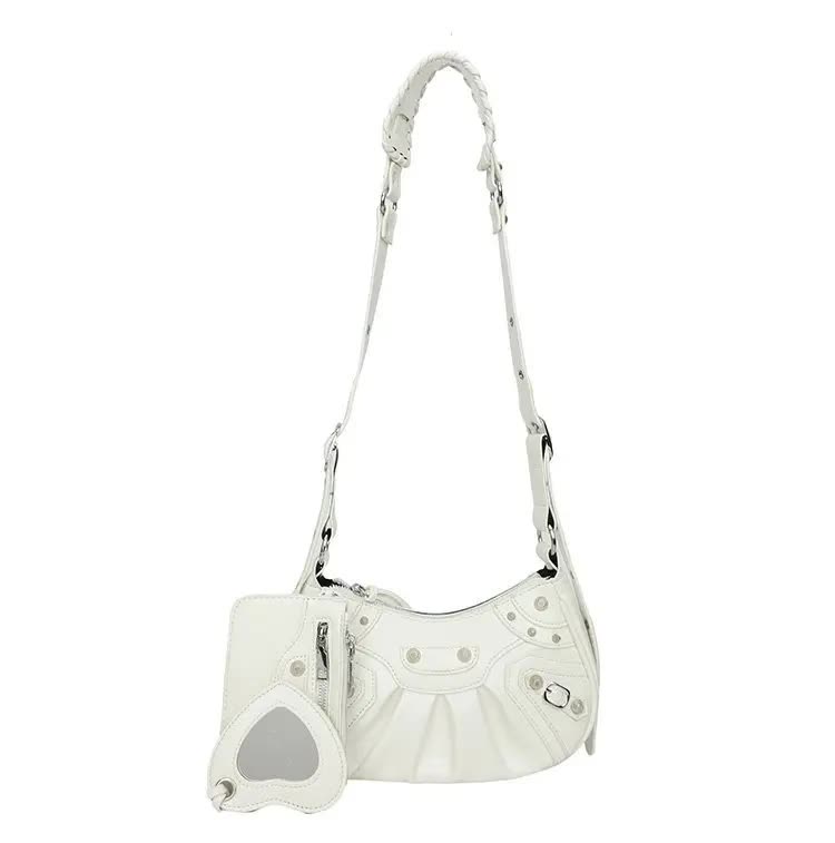 White Vintage Rivet Crescent Moon Bag with Card Holder & Mirror, French Retro PU Leather Shoulder & Crossbody Motorcycle Bag for Women