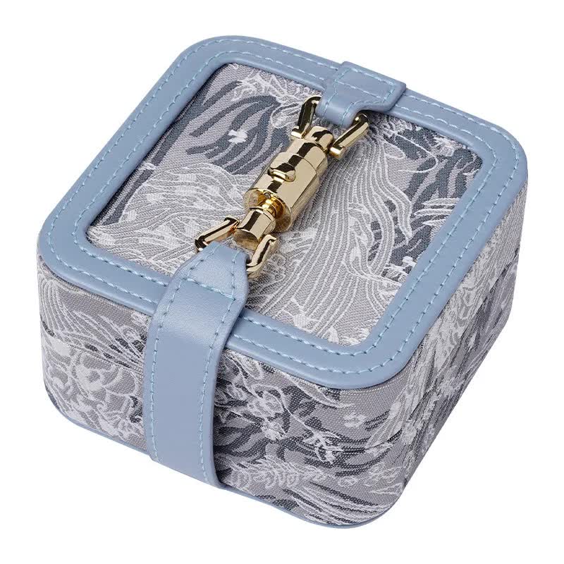 Blue Portable Vintage Embossed Jewelry Box - Flip-Top Necklace, Ring, and Earring Organizer with Elegant Design(The Jewelry is a prop for the photo shoot and is not included)