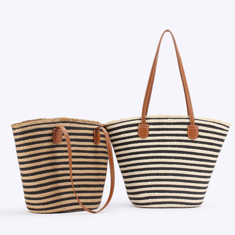 Black And Brown Stripes Handmade Large Capacity Striped Beach Tote Bag with Zipper and Inner Pocket - Summer Vacation Woven Shoulder Bag for Women