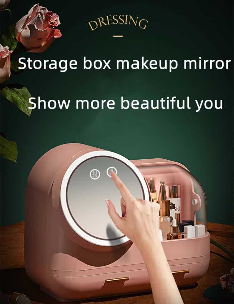 Green LED Vanity Makeup Organizer with Partition Storage and Touch-Control Mirror - Large Capacity Cosmetic Box