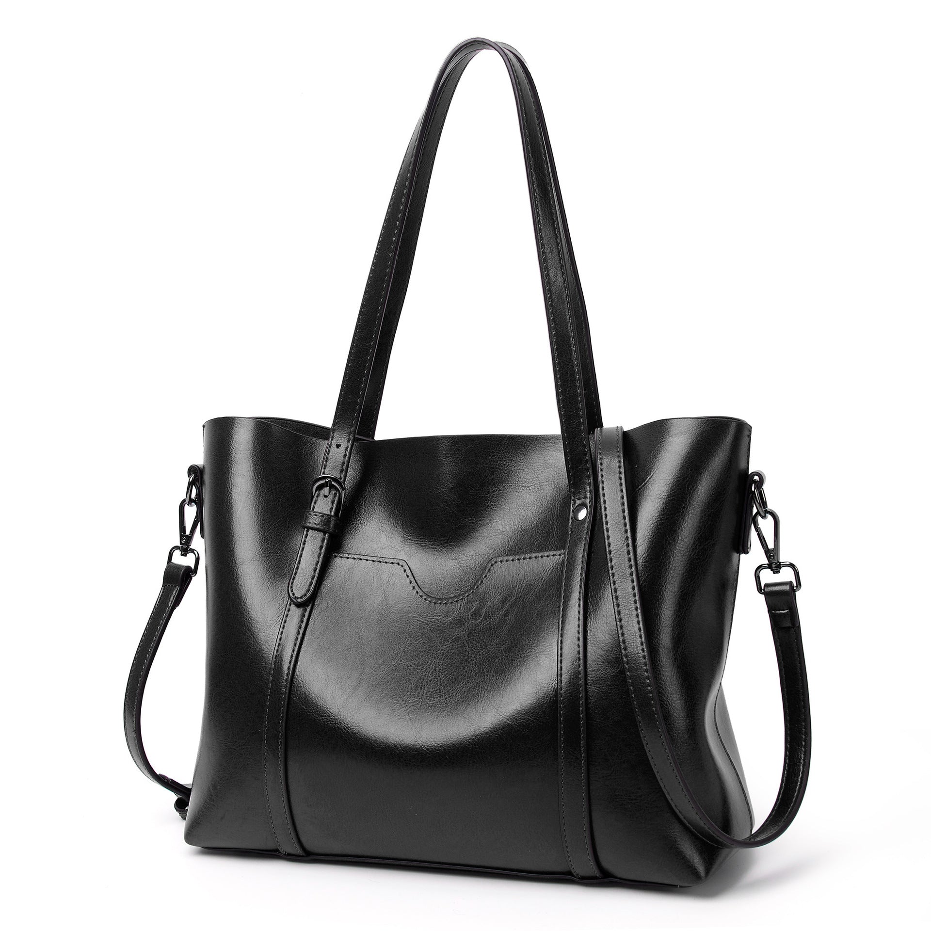 Elegant PU Leather Tote Bag with Detachable Strap - Black