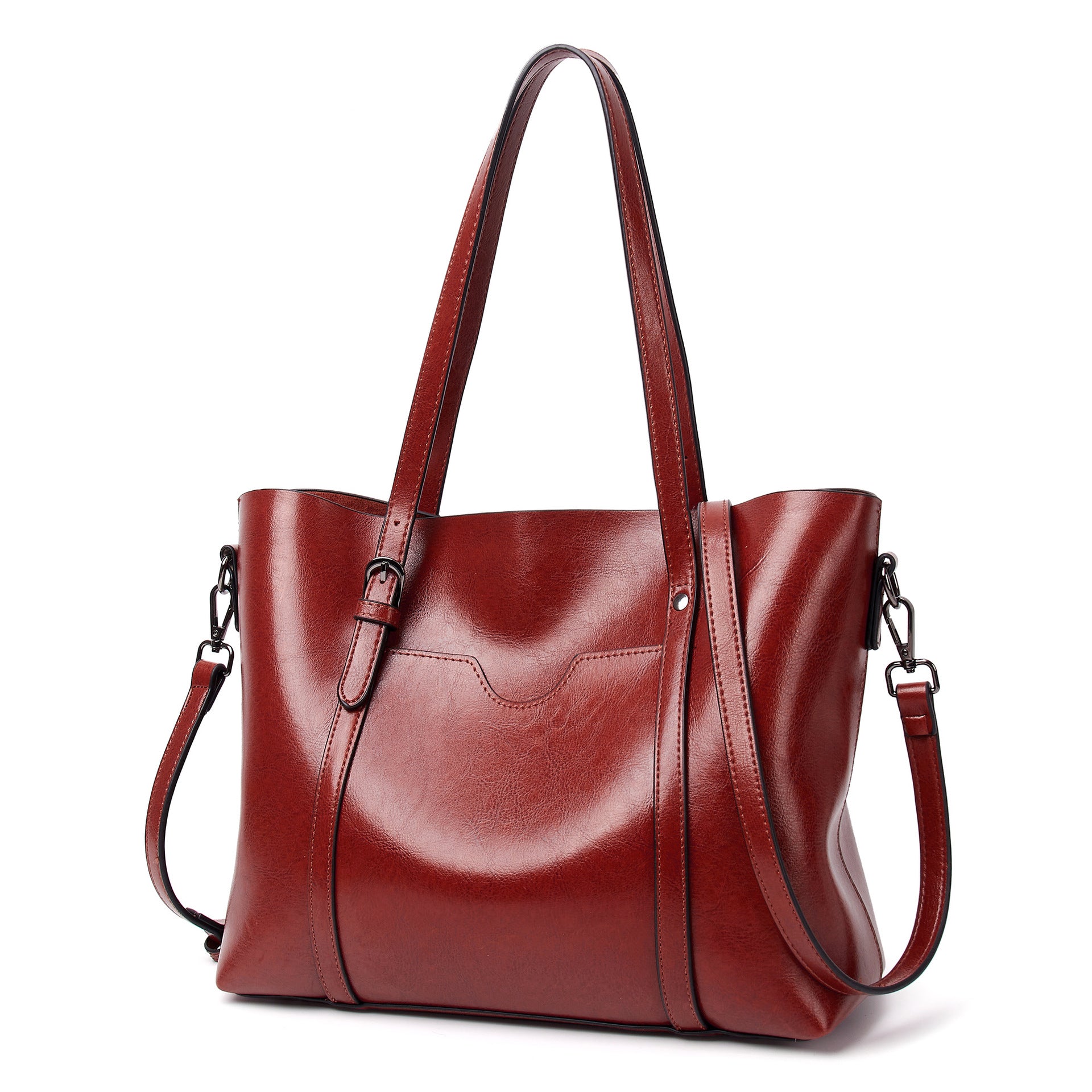 Elegant PU Leather Tote Bag with Detachable Strap - Wine Red