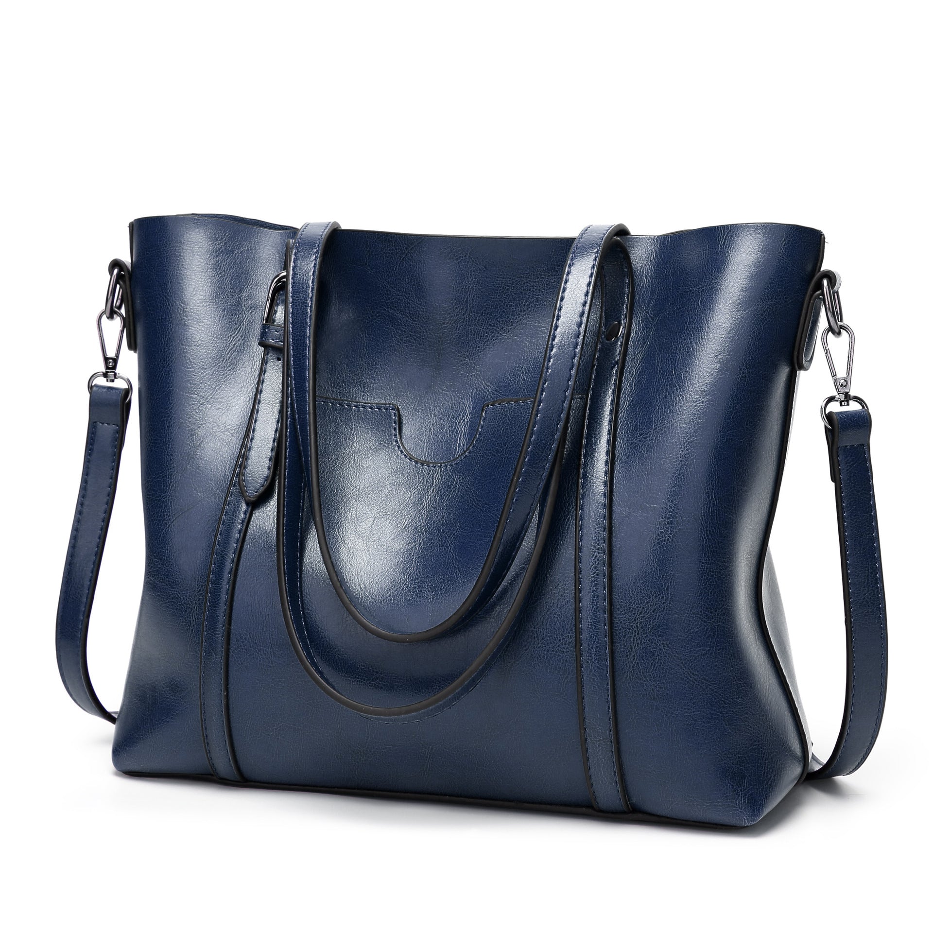 Elegant PU Leather Tote Bag with Detachable Strap - Dark Blue