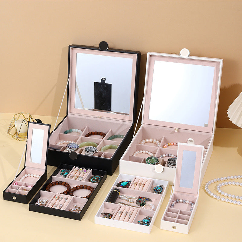 White Luxury Quilted Jewelry Storage Box with Mirror and Multi-Layer Compartments