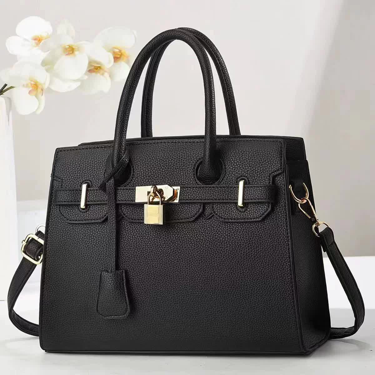 Black Elegant PU Leather Handbag with Lock Decoration - Structured Tote Bag for Women