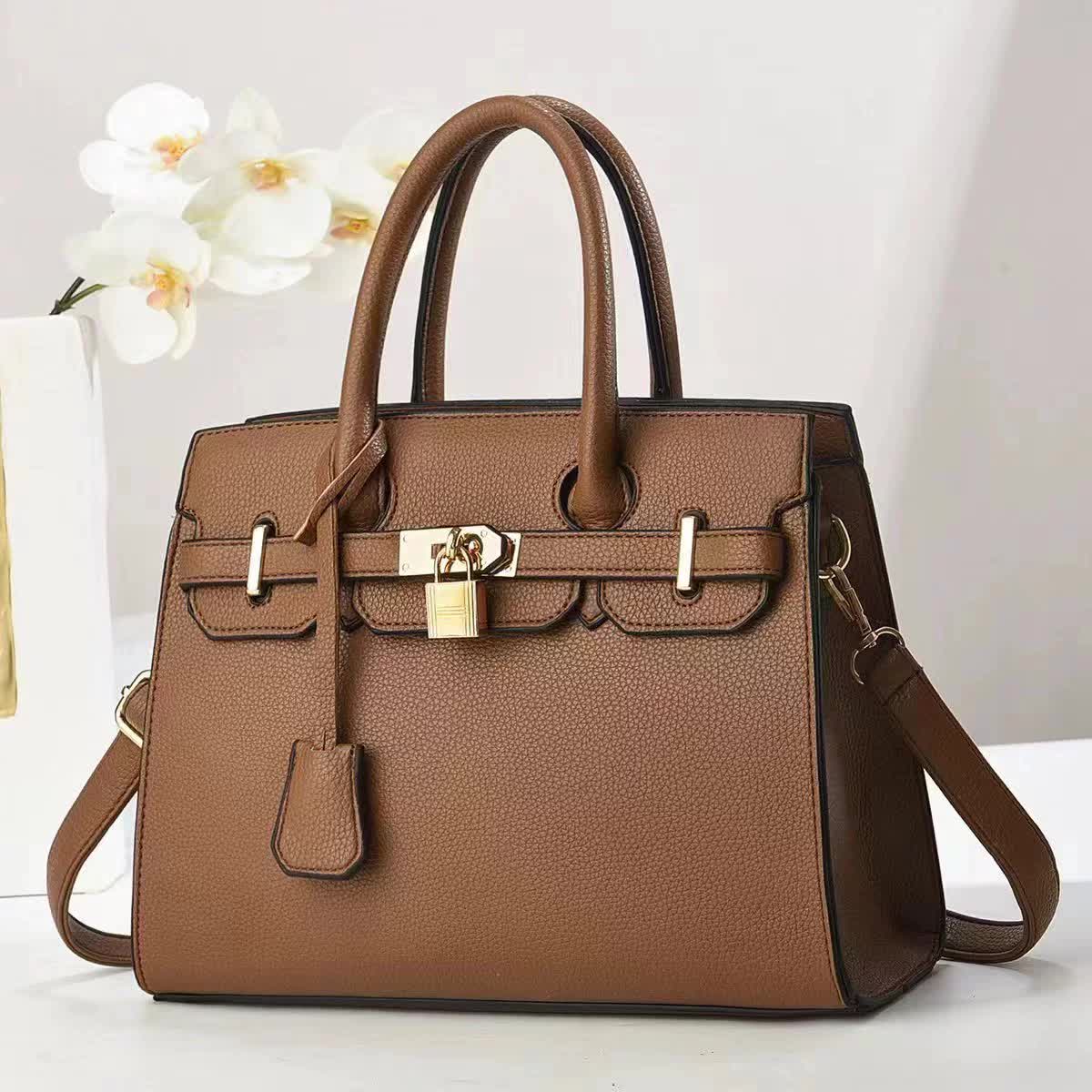 Coffee Elegant PU Leather Handbag with Lock Decoration - Structured Tote Bag for Women