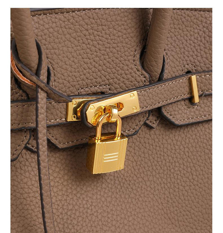 Coffee Elegant PU Leather Handbag with Lock Decoration - Structured Tote Bag for Women