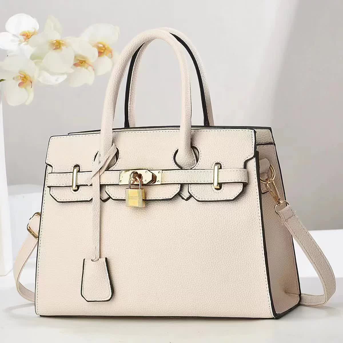 Off-white Elegant PU Leather Handbag with Lock Decoration - Structured Tote Bag for Women